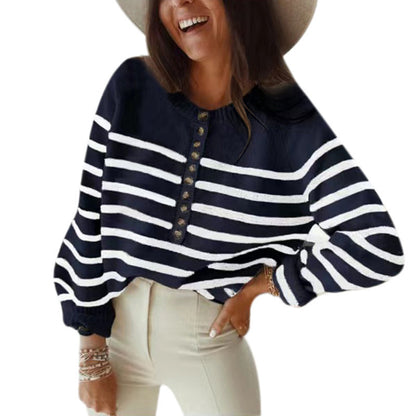 Knitwear Striped Pullover Top with Buttons for Women sweater