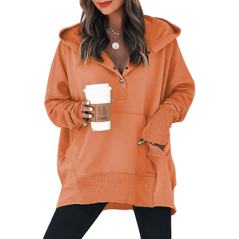 Loose Hooded Sweater Women Mid Length Autumn Winter Solid Color Casual Bottoming Shirt Top