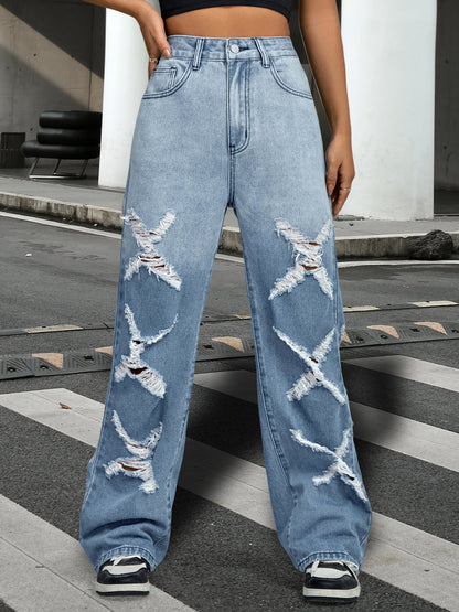 Straight Pants Water Washed Hole Wide Leg Pants Jeans Women