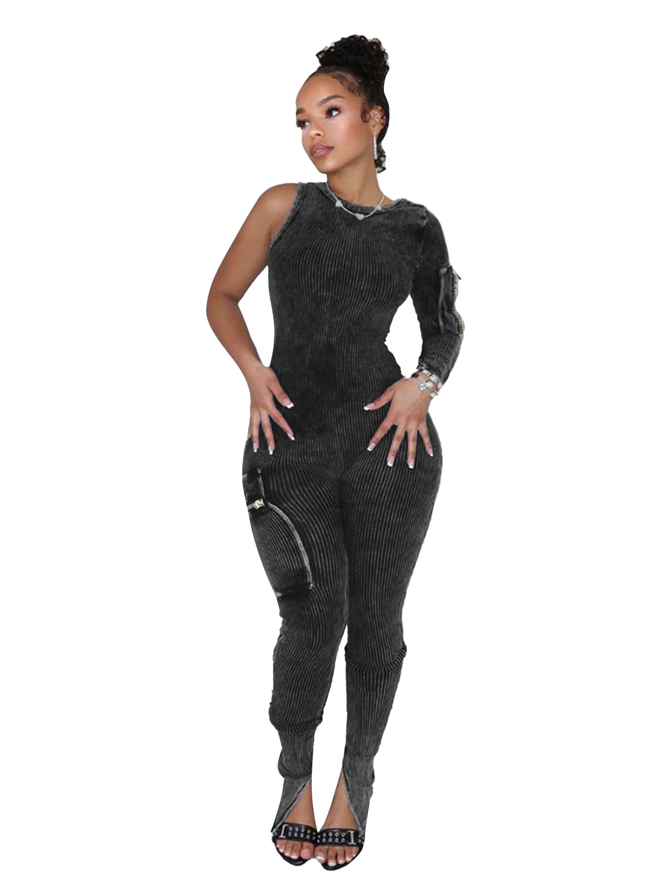 Casual Women Wear Stretch Cotton Thread Large Pocket Single Sleeve Distressed Tight Jumpsuit