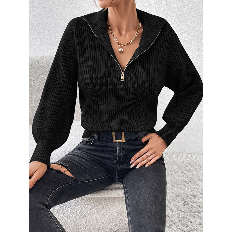 Zipper Pullover Sweater Solid Color Loose Casual Polo Collar Long-Sleeve Zipper Sweater Women