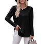 Women round-Neck Puff Sleeve Brushed Sunken Stripe Solid Color Upper Clothes Long Sleeves T-shirt