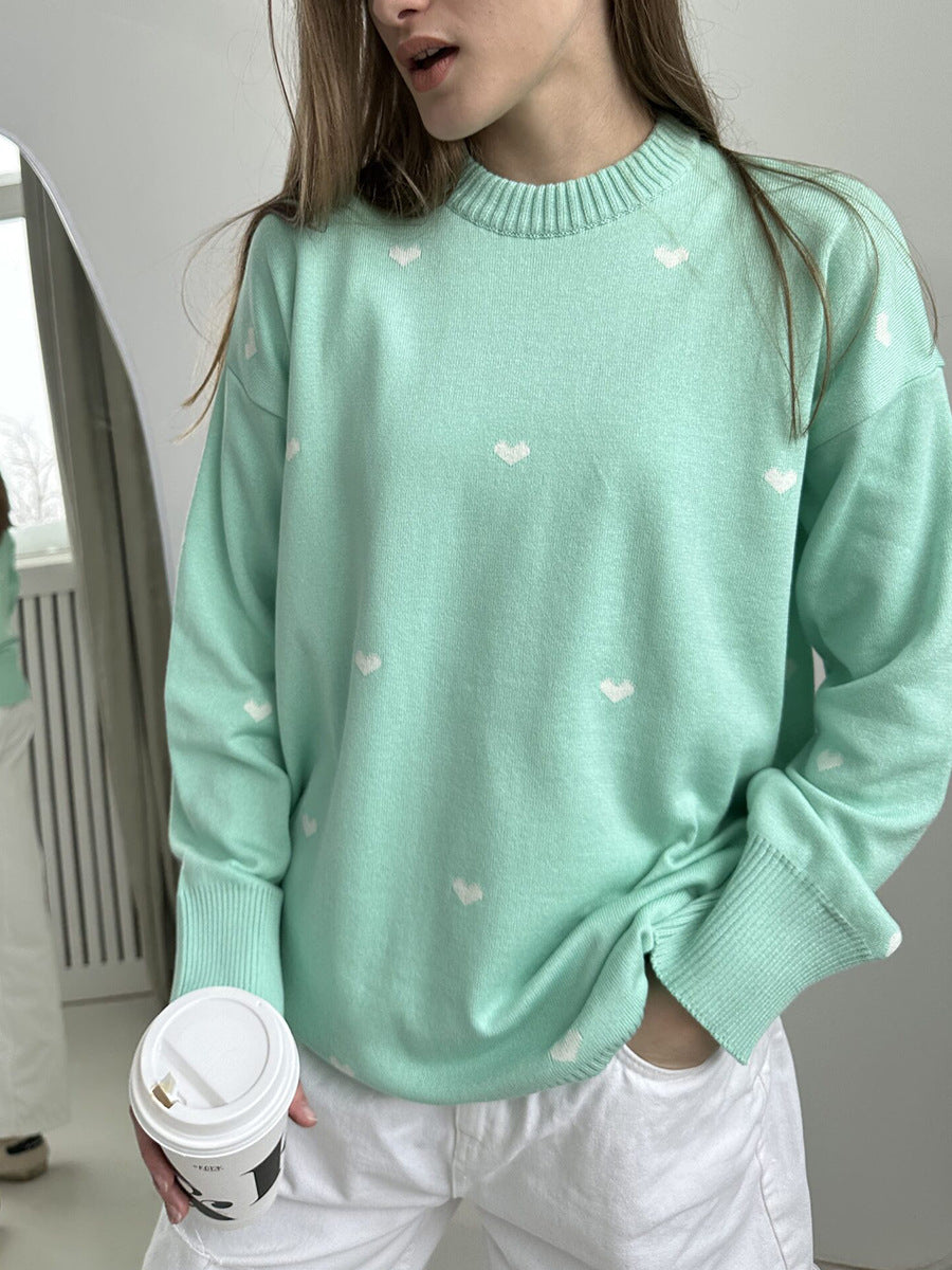 Heart Printing Sweater Autumn Winter Office Casual Round Neck Design Sweater