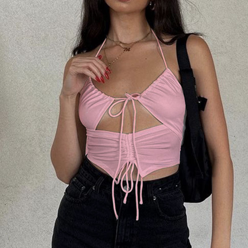 Summer Women Wear Top Drawstring Hollow Out Cutout out Strap U Collar Slim Fit Inner Wear Small Vest for Women