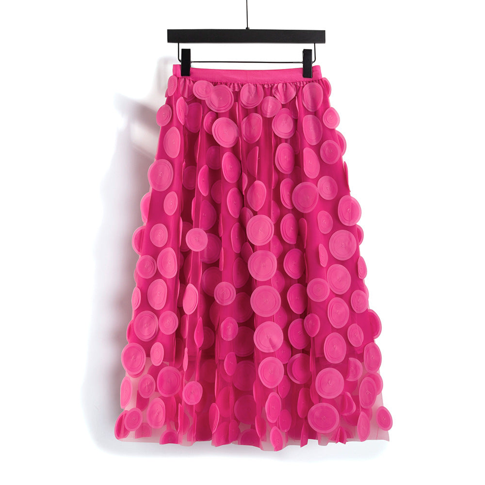 Spring Summer Three Dimensional Decoration Patch Stitching Mesh Women Midi Skirt Skirt With Lining