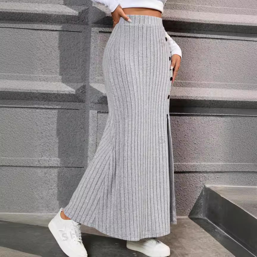 Women Clothing Knitted Dress Sunken Stripe Slit Fastener Decoration Sheath Skirt for Women