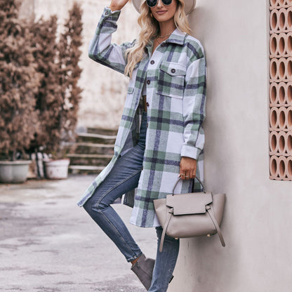 Women Autumn Winter Ladies Casual Flannel Plaid Shirt Long Coat