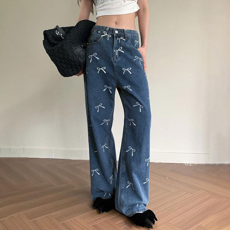 Personalized Bow Print Sweet Spicy Cool Girl Low Waist Basic Profile Casual Straight Leg Denim Trousers Summer