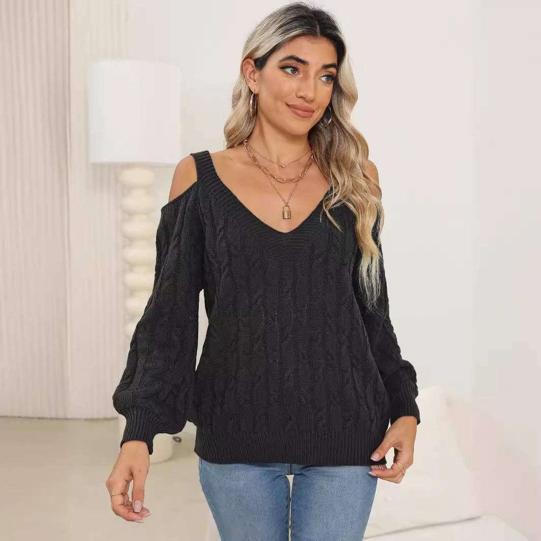 Knitted Bottoming Shirt Autumn Winter Women Clothing Deep V Plunge Sexy off the Shoulder Loose Pullover Women Top