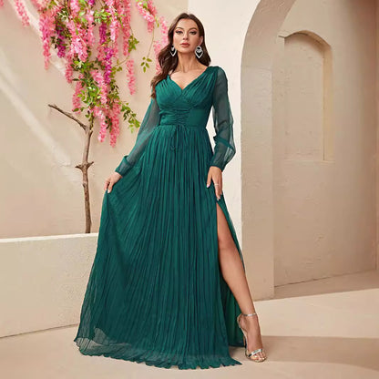 Dress Long Sleeve Chiffon V neck Slit Dress Waist Controlled Lace up Pleated Maxi Dress