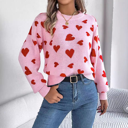 Autumn Winter Casual Contrast Color Love Lantern Sleeve Pullover Sweater Valentine Day Women Clothing