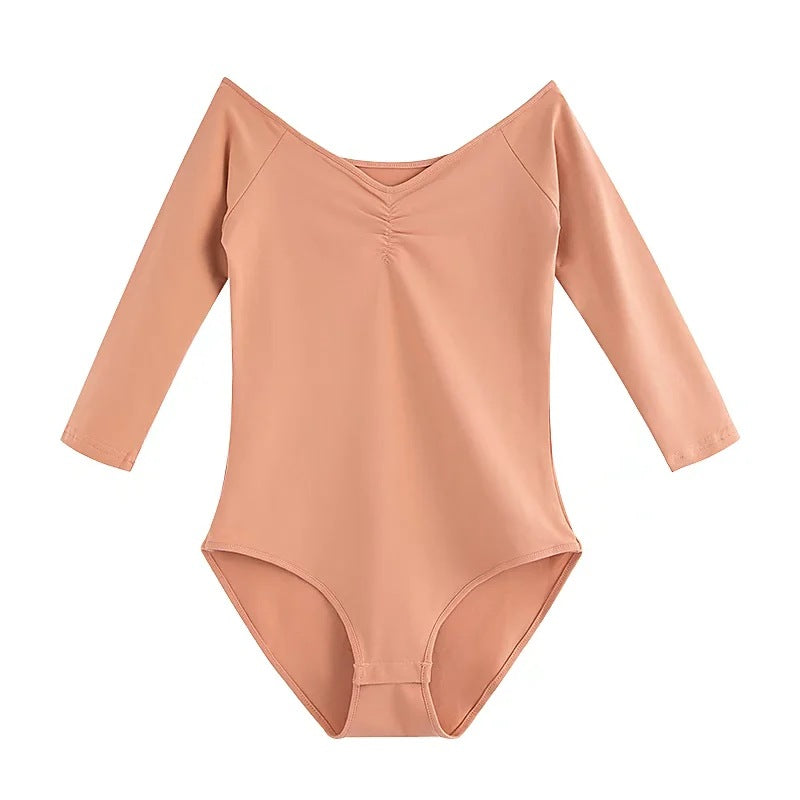 Pleated V-neck Solid Color Bodysuit Trendy Internet Celebrity Women Stretch V-neck 3/4 Sleeves Bodysuit