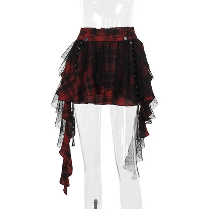 Summer Dark Sexy Black Plaid Dot Mesh Irregular Asymmetric Pettiskirt Women No Belt