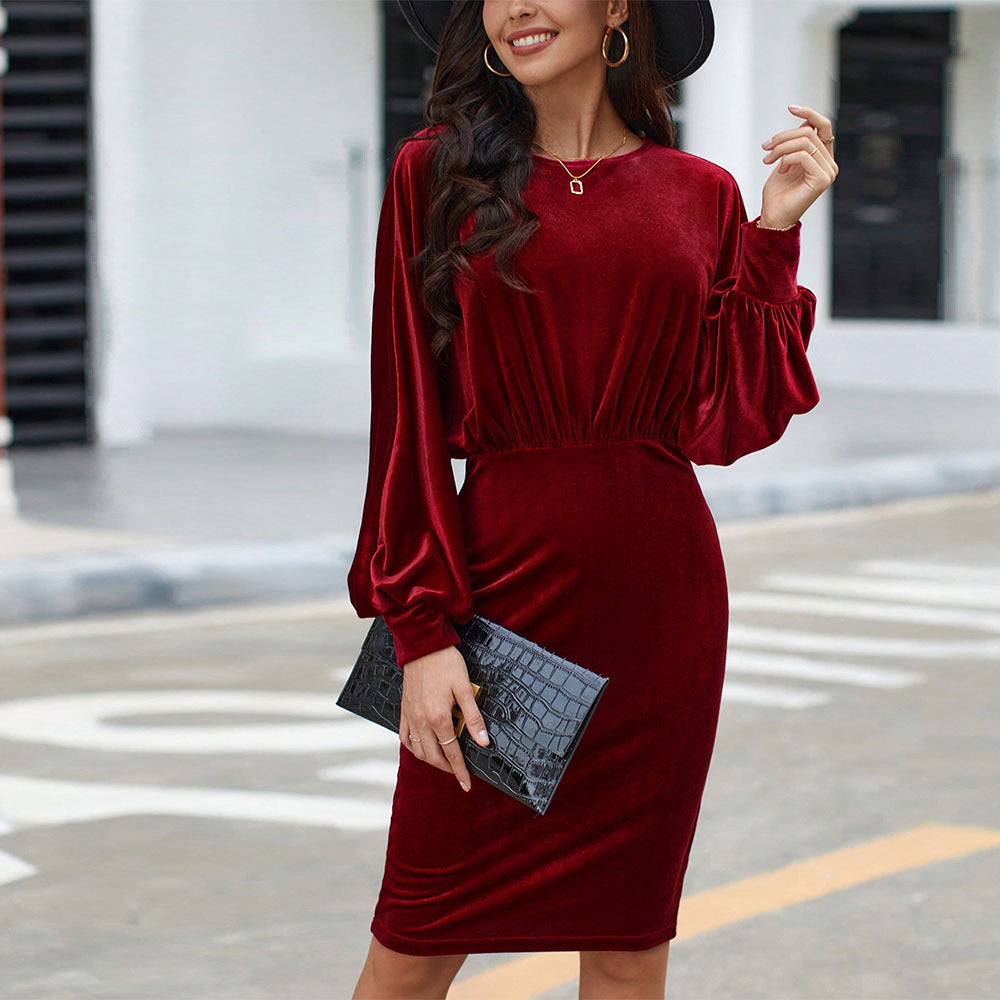 Women Clothing Elegant Red Dress Autumn Winter Dress Design Long Sleeve Midi Dress