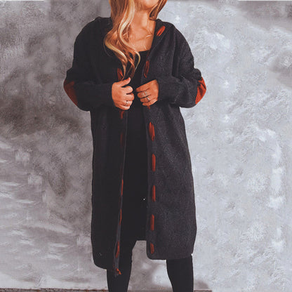 Autumn Winter Thick Fleece Leather Stitching Knitted Long Hooded Sweater Cardigan Coat Women