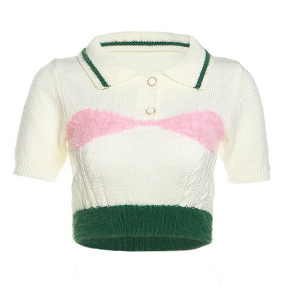 Autumn Winter Women Clothing Street Shooting Sexy Cropped Polo Collar Color Matching Knitted Short Sleeve