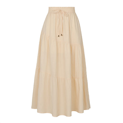 High Waist Long Skirt Stock Solid Color Cotton Linen Elastic Waist Large Swing Draped Dress Women