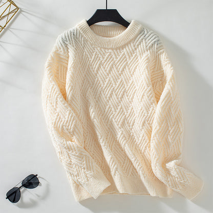 Solid Color Twist Weave Sweater for Women Autumn Winter Retro Crew Neck Knitwear for Women