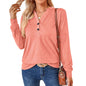 Autumn Winter Solid Color V-neck Button Loose Long-Sleeved T-shirt Top Ladies