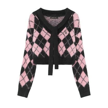 Niche Rhombus Sweater Autumn Show Umbilical V neck Sweater Girls