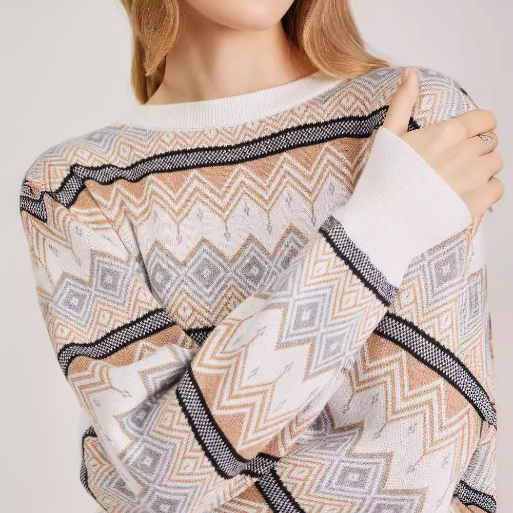 Knitted Russian Popular Jacquard Autumn Winter Sweater round Neck Wide