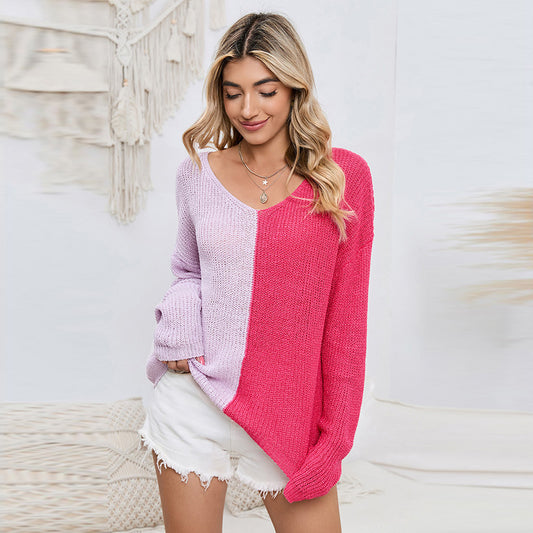 Autumn Winter Color Matching V neck Pullover Sweater Women Casual Loose All Match Knitted Long Sleeved Top for Women