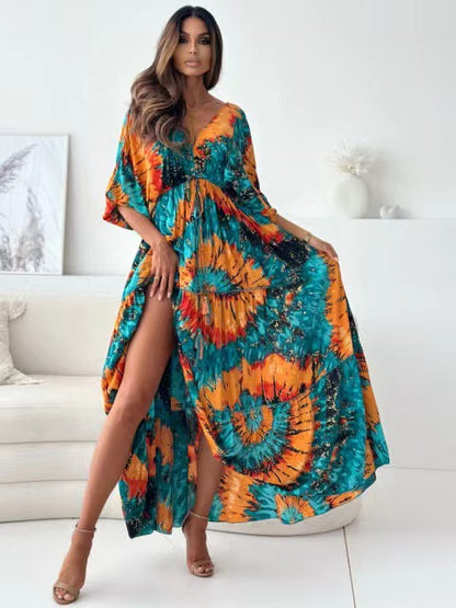 Autumn Three Quarter Sleeve Sexy Deep V Plunge Multi Color Floral Print Slit Dress