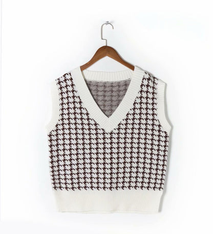 Autumn Preppy Houndstooth Vest Loose All Match V Neck Vest Knitted Women Fall Winter Outer Wear Top