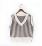 Autumn Preppy Houndstooth Vest Loose All Match V Neck Vest Knitted Women Fall Winter Outer Wear Top