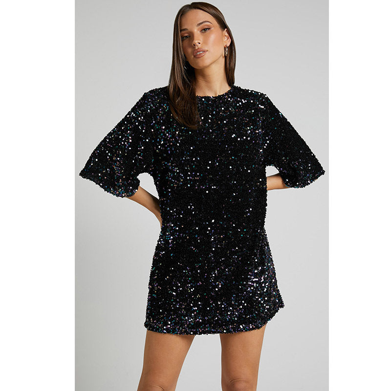 Autumn Winter Velvet Sequin Elegant V neck Backless Short Sleeve Dress