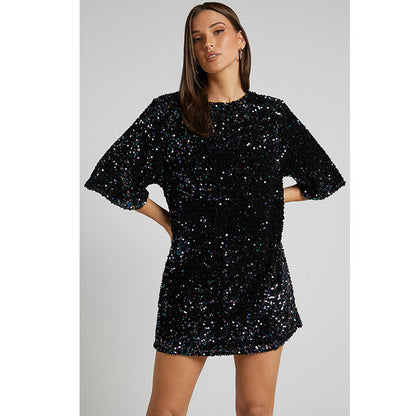 Autumn Winter Velvet Sequin Elegant V neck Backless Short Sleeve Dress