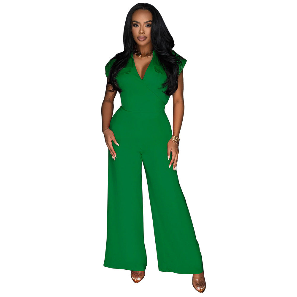 Women Pants Solid Color Sleeveless V neck Wide Leg Jumpsuit