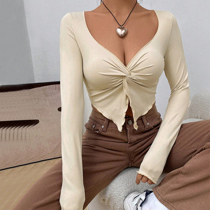 Women Clothing Autumn Winter Slim V neck Twisted Knitwear Ultra Short Long Sleeved Top