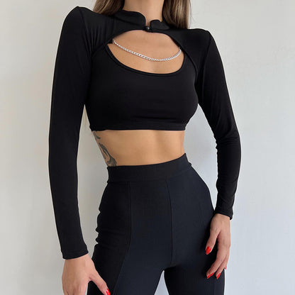 Women Clothing Autumn Winter Hollow Out Cutout Chain cropped Sexy Top Women