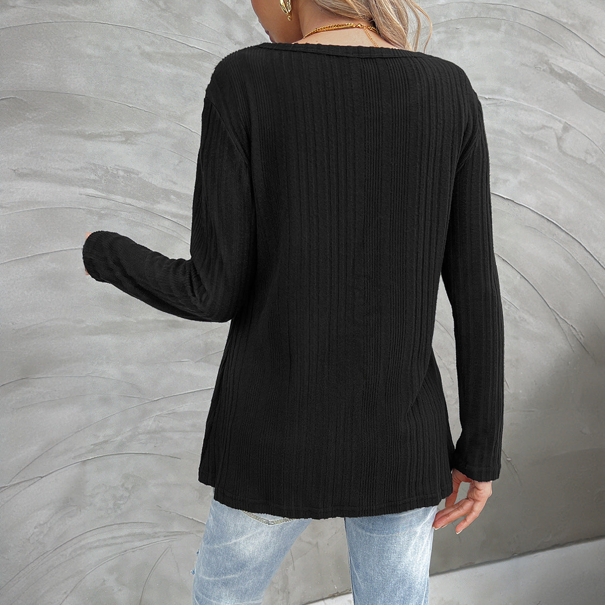 Autumn Winter Women Crew Neck Split Button Long Sleeved Top