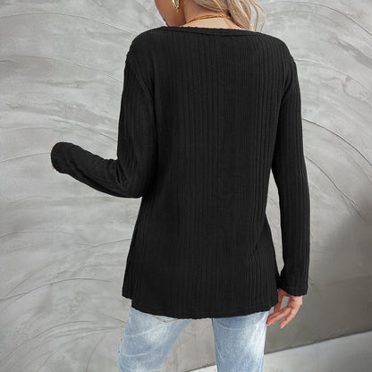 Autumn Winter Women Crew Neck Split Button Long Sleeved Top