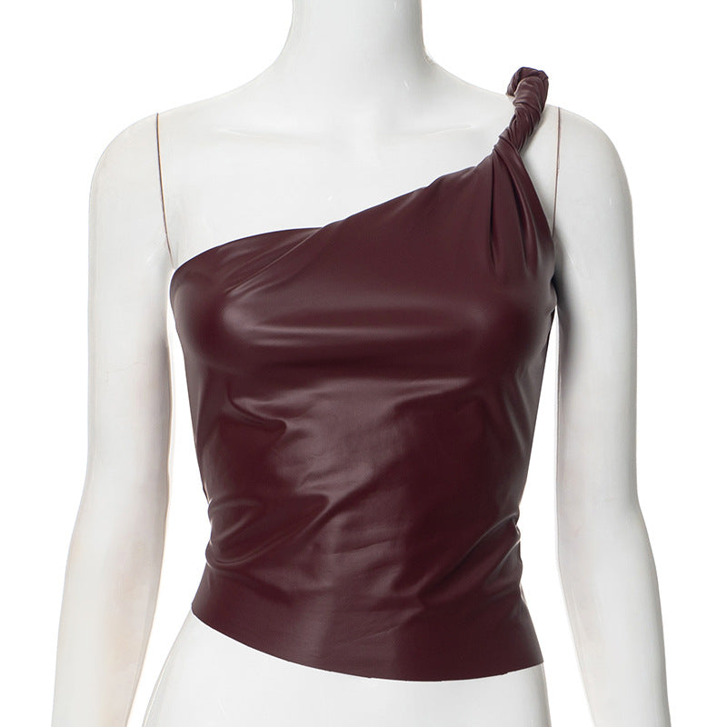 Women Clothing Leather Shoulder Personality Waist-Tight Oblique Sleeveless Top