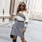 Autumn Winter Casual Women Wear Loose Long Sleeve V neck Color Block Long Sweater Dress