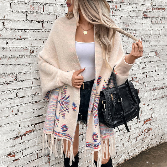 Aztec Sweater Cardigan Women Pop Geometric Abstract Jacquard Ethnic Tassel Shawl