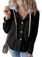 Autumn Winter Collared Buckle Cardigan Pouch Hooded Drawstring Striped Coat Women