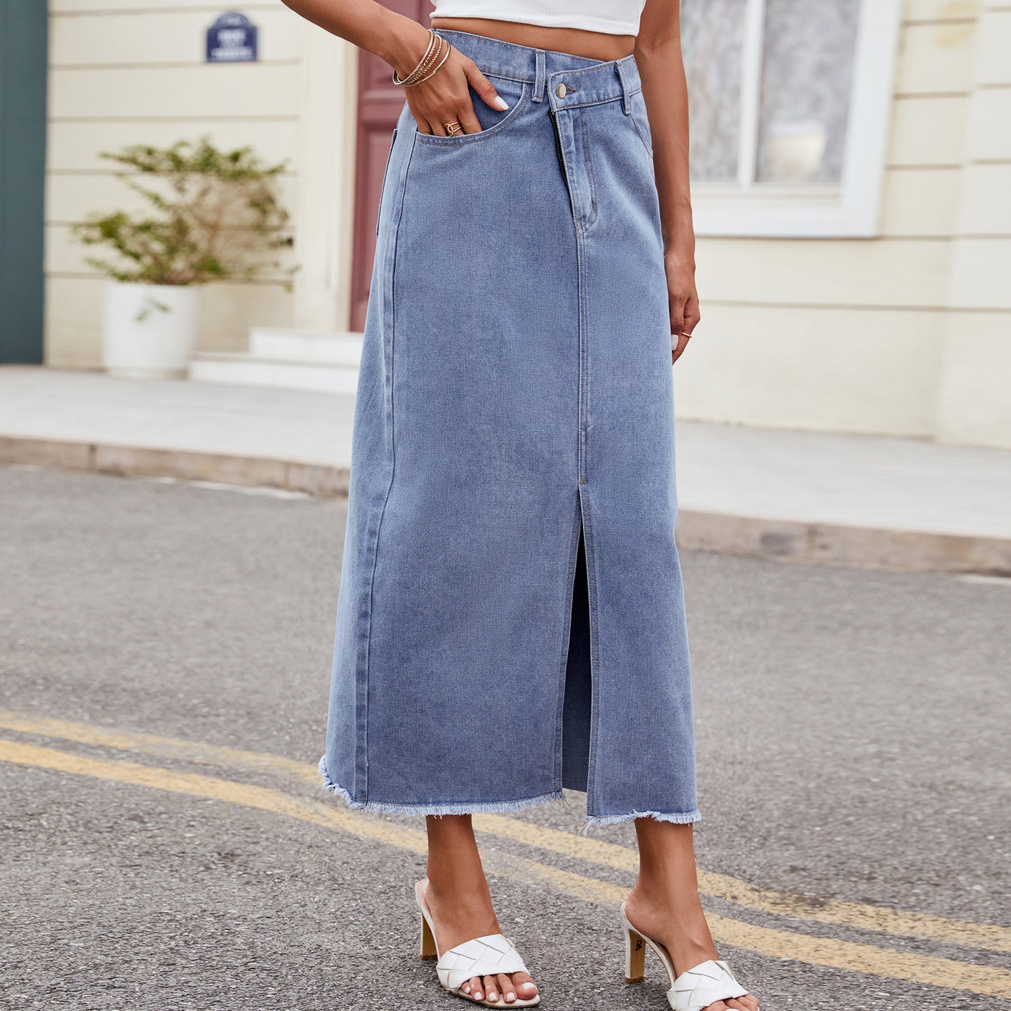 Women Clothing Summer Washed Irregular Asymmetric Denim Split Maxi Dress