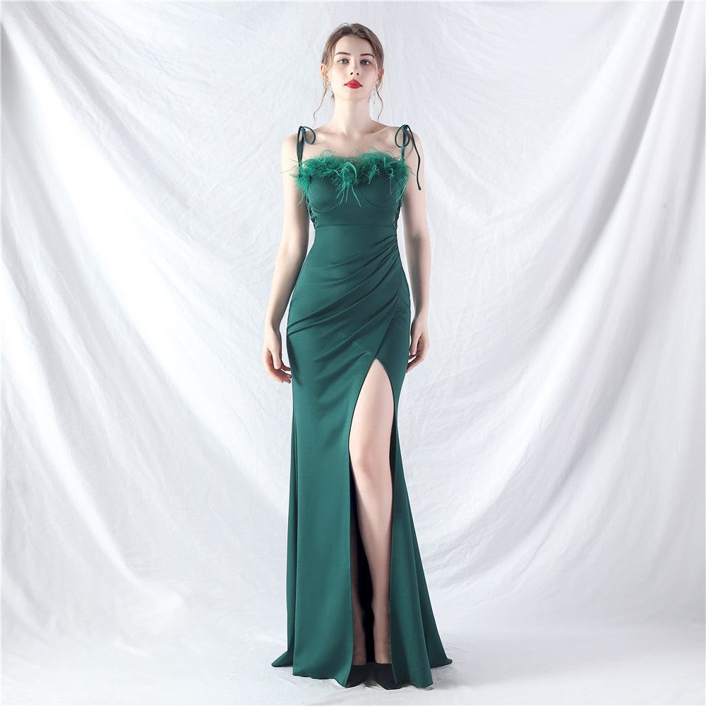 Double Binding Waist Shaping Beltloop Adjustable Satin Evening Dress