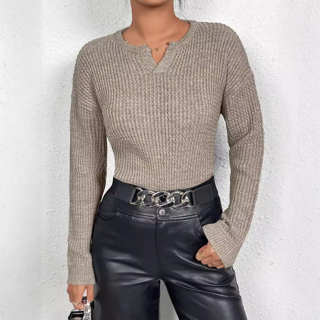 Women Clothing Spring Autumn Pullover V Neck Long Sleeved Knitted Sweater Fashionable Solid Color All Matching Top