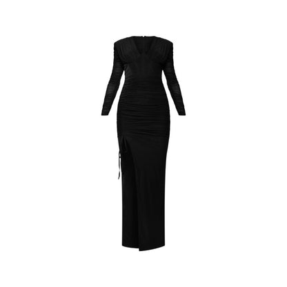 Sexy Long Sleeve High Split Maxi Dress Source Solid Color Pleated Tie Dress Women