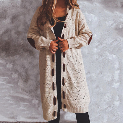 Autumn Winter Thick Fleece Leather Stitching Knitted Long Hooded Sweater Cardigan Coat Women