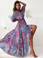 Autumn Three Quarter Sleeve Sexy Deep V Plunge Multi Color Floral Print Slit Dress