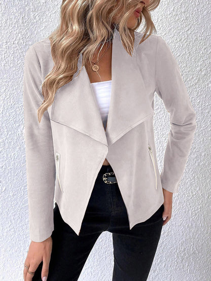 Women Fur Coat Collared Long Sleeve Office Zipper Short Women Top