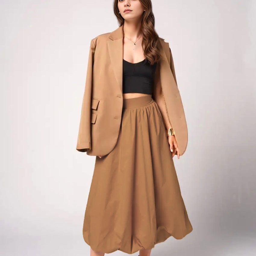 Khaki Balloon Skirt Russian Chic Spring Midi Dress