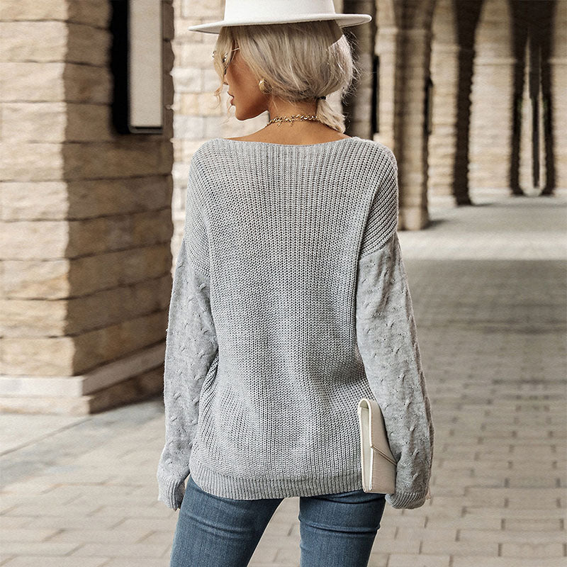 Autumn Winter Women Wear V-neck Twist Gray Long Sleeves Sweater