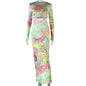 round Neck Tight Maxi Dress Phoenix Tail Printed Long Sleeve Narrow Pencil Dress Street Hipster Women